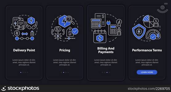 PPA sales night mode onboarding mobile app screen. Financial terms walkthrough 4 steps graphic instructions pages with linear concepts. UI, UX, GUI template. Myriad Pro-Bold, Regular fonts used. PPA sales night mode onboarding mobile app screen