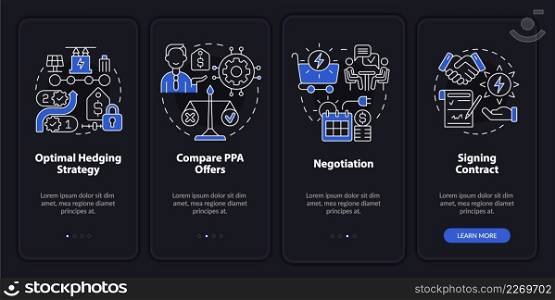 PPA work night mode onboarding mobile app screen. Electric energy walkthrough 4 steps graphic instructions pages with linear concepts. UI, UX, GUI template. Myriad Pro-Bold, Regular fonts used. PPA work night mode onboarding mobile app screen