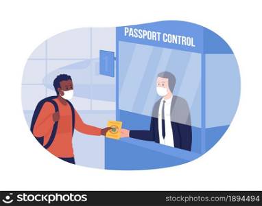 Ppassport control with health precaution 2D vector isolated illustration. People in respiratory facial masks flat characters on cartoon background. Travel precaution colourful scene. Ppassport control with health precaution 2D vector isolated illustration