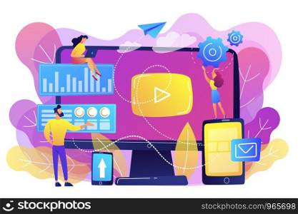 PPC advertising managers work with websites. PPC campaign, pay-per-click model, internet marketing tools, search engine advertising concept. Bright vibrant violet vector isolated illustration. PPC campaign concept vector illustration.