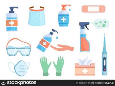 Ppe icons. Hand alcohol sanitizer bottles, antiseptic wipes and antibacterial liquid soap, med mask and respirator, gloves, personal hygiene and protective equipment vector flat cartoon isolated set. Ppe icons. Hand sanitizer bottles, antiseptic wipes and antibacterial liquid soap, med mask and respirator, gloves, personal hygiene and protective equipment vector flat cartoon set