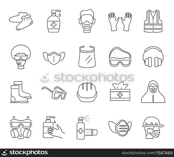 Ppe line icons. Protection equipments, medical face masks and goggles, doctor gown, gloves and shield, sanitizer gel and spray, hair cover, respirator personal hygiene protective equipment vector set. Ppe line icons. Protection equipments, masks and goggles, doctor gown, gloves and shield, sanitizer gel and spray, hair cover, respirator personal hygiene protective equipment vector set