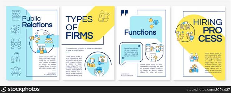 PR blue and yellow brochure template. Public relations for business. Leaflet design with linear icons. 4 vector layouts for presentation, annual reports. Questrial, Lato-Regular fonts used. PR blue and yellow brochure template