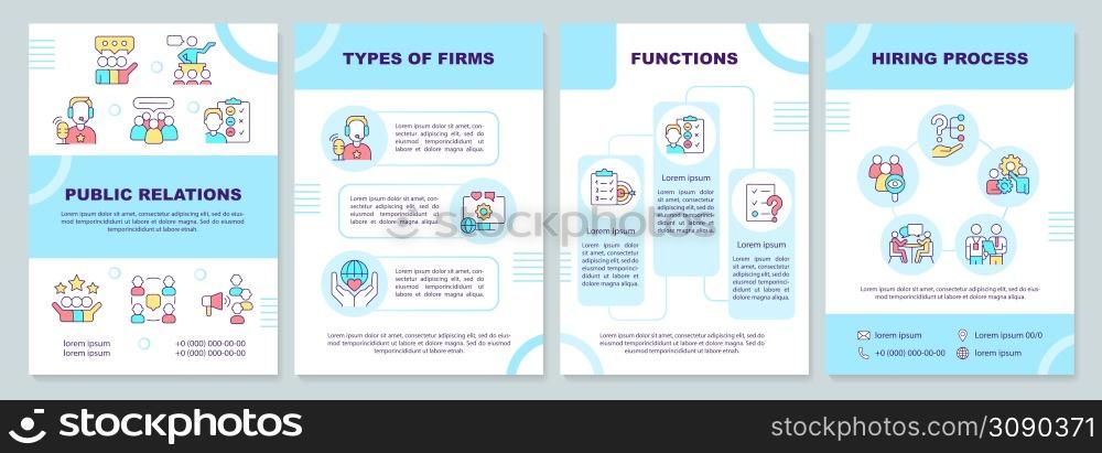 PR blue brochure template. Public relations for business. Leaflet design with linear icons. 4 vector layouts for presentation, annual reports. Arial-Black, Myriad Pro-Regular fonts used. PR blue brochure template