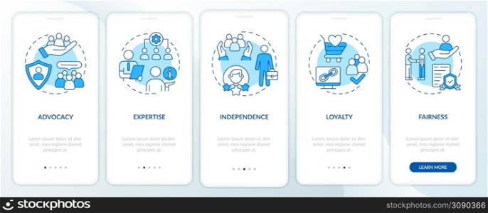 PR code of ethics blue onboarding mobile app screen. Principles walkthrough 5 steps graphic instructions pages with linear concepts. UI, UX, GUI template. Myriad Pro-Bold, Regular fonts used. PR code of ethics blue onboarding mobile app screen