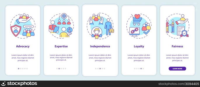 PR code of ethics onboarding mobile app screen. Principles walkthrough 5 steps graphic instructions pages with linear concepts. UI, UX, GUI template. Myriad Pro-Bold, Regular fonts used. PR code of ethics onboarding mobile app screen