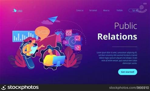 Pr managers communicate and huge megaphone. Public relations and affairs, communication, pr agency and jobs concept on white background. Website vibrant violet landing web page template.. Public relations concept landing page.