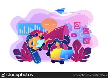 Pr managers communicate and huge megaphone. Public relations and affairs, communication, pr agency and jobs concept on white background. Bright vibrant violet vector isolated illustration. Public relations concept vector illustration.