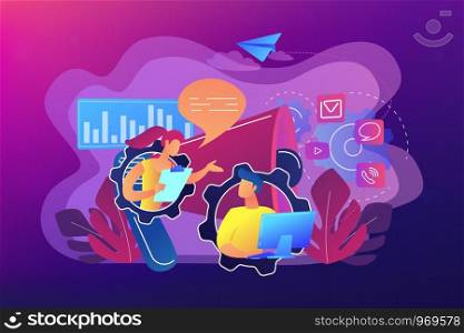 Pr managers communicate and huge megaphone. Public relations and affairs, communication, pr agency and jobs concept on white background. Bright vibrant violet vector isolated illustration. Public relations concept vector illustration.