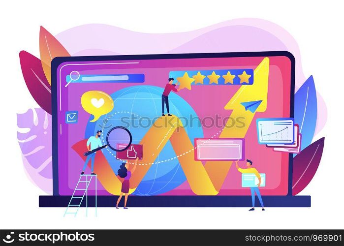 PR managers, Internet marketers coworking. Online reputation management, product and service search results, digital space representation concept. Bright vibrant violet vector isolated illustration. Online reputation management concept vector illustration
