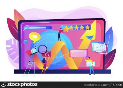PR managers, Internet marketers coworking. Online reputation management, product and service search results, digital space representation concept. Bright vibrant violet vector isolated illustration. Online reputation management concept vector illustration