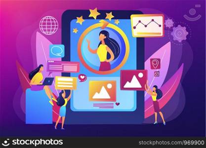 PR managers team working, personal development. Online identity management, digital Identity management, product web presence concept. Bright vibrant violet vector isolated illustration. Online identity management concept vector illustration