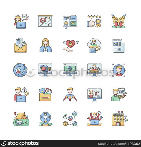 Pr marketing RGB color icons set. Brand image. Corporate identity. Company employment. Public relation. Investment in foundation. Communication and global network. Isolated vector illustrations. Pr marketing RGB color icons set