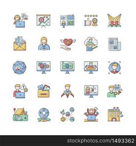 Pr marketing RGB color icons set. Brand image. Corporate identity. Company employment. Public relation. Investment in foundation. Communication and global network. Isolated vector illustrations. Pr marketing RGB color icons set