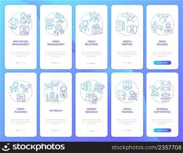 PR services blue gradient onboarding mobile app screen set. Business walkthrough 5 steps graphic instructions pages with linear concepts. UI, UX, GUI template. Myriad Pro-Bold, Regular fonts used. PR services blue gradient onboarding mobile app screen set