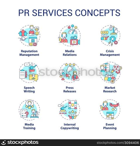 PR services concept icons set. Promotion strategy for business. Advertising agency idea thin line color illustrations. Isolated symbols. Editable stroke. Roboto-Medium, Myriad Pro-Bold fonts used. PR services concept icons set