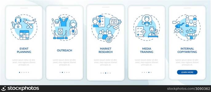 PR services for organizations blue onboarding mobile app screen. Walkthrough 5 steps graphic instructions pages with linear concepts. UI, UX, GUI template. Myriad Pro-Bold, Regular fonts used. PR services for organizations blue onboarding mobile app screen