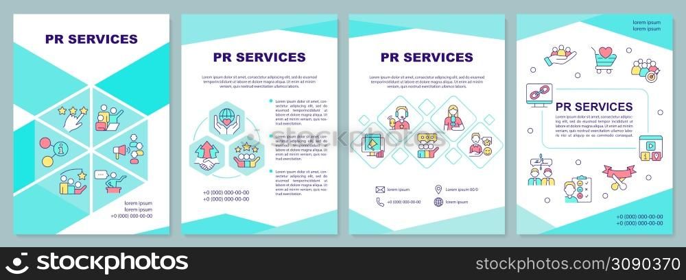 PR services mint brochure template. Organization reputation. Leaflet design with linear icons. 4 vector layouts for presentation, annual reports. Arial-Black, Myriad Pro-Regular fonts used. PR services mint brochure template