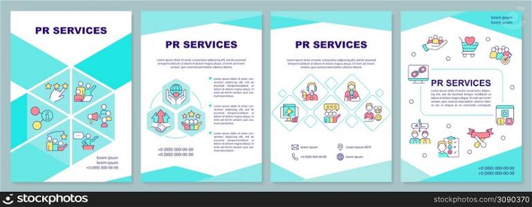 PR services mint brochure template. Organization reputation. Leaflet design with linear icons. 4 vector layouts for presentation, annual reports. Arial-Black, Myriad Pro-Regular fonts used. PR services mint brochure template