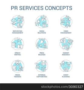 PR services turquoise concept icons set. Promotion of business. Advertising agency idea thin line color illustrations. Isolated symbols. Editable stroke. Roboto-Medium, Myriad Pro-Bold fonts used. PR services turquoise concept icons set