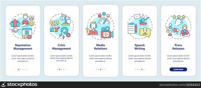PR services types onboarding mobile app screen. Business promotion walkthrough 5 steps graphic instructions pages with linear concepts. UI, UX, GUI template. Myriad Pro-Bold, Regular fonts used. PR services types onboarding mobile app screen