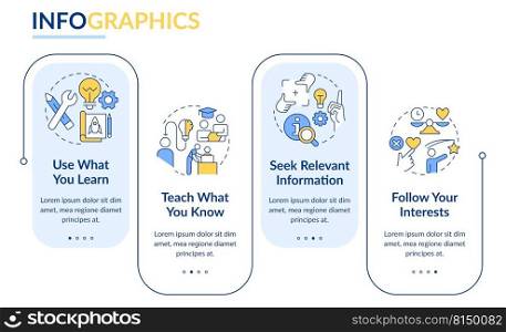 Practical learning techniques rectangle infographic template. Data visualization with 4 steps. Editable timeline info chart. Workflow layout with line icons. Lato-Bold, Regular fonts used. Practical learning techniques rectangle infographic template
