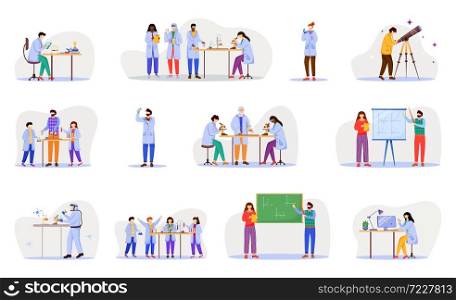 Practical science flat vector illustration set. Chemistry in school. Activities for children. Conducting experiments. Studying biology, chemistry isolated cartoon character on white background. Practical science flat vector illustration set