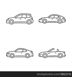 Practical sports cars linear icons set. Hatchback model. Sports sedan. Coupe automobile. Cabriolet. Customizable thin line contour symbols. Isolated vector outline illustrations. Editable stroke. Practical sports cars linear icons set