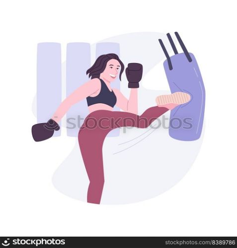 Practice blows isolated cartoon vector illustrations. Young sporty girl practices kickboxing in the gym, training alone, hit punching bag, make blows wearing special gloves vector cartoon.. Practice blows isolated cartoon vector illustrations.