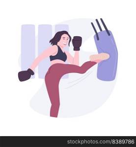Practice blows isolated cartoon vector illustrations. Young sporty girl practices kickboxing in the gym, training alone, hit punching bag, make blows wearing special gloves vector cartoon.. Practice blows isolated cartoon vector illustrations.