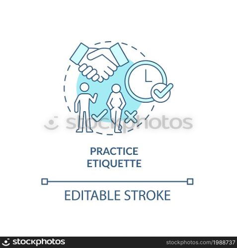 Practice etiquette blue concept icon. Preparing for job interview abstract idea thin line illustration. Be polite, positive. Watch body language. Vector isolated outline color drawing. Editable stroke. Practice etiquette blue concept icon