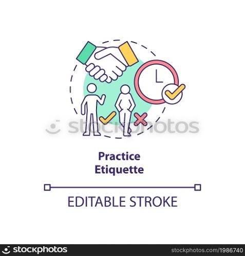 Practice etiquette concept icon. Preparing for job interview abstract idea thin line illustration. Be polite and positive. Watch body language. Vector isolated outline color drawing. Editable stroke. Practice etiquette concept icon
