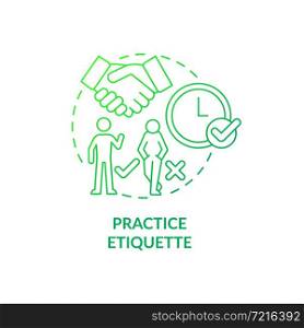 Practice etiquette green gradient concept icon. Preparing for job interview abstract idea thin line illustration. Be polite, positive. Watch body language. Vector isolated outline color drawing. Practice etiquette green gradient concept icon
