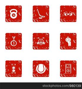 Practice icons set. Grunge set of 9 practice vector icons for web isolated on white background. Practice icons set, grunge style
