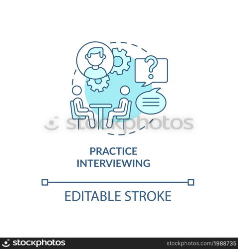 Practice interviewing blue concept icon. Preparing for interview abstract idea thin line illustration. Practise answering typical questions. Vector isolated outline color drawing. Editable stroke. Practice interviewing blue concept icon
