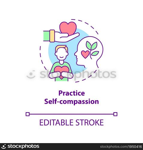 Practice self compassion concept icon. Happiness mindset strategy abstract idea thin line illustration. Be kind and understanding to yourself. Vector isolated outline color drawing. Editable stroke. Practice self compassion concept icon