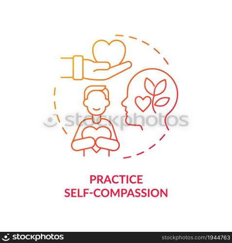 Practice self compassion red gradient concept icon. Happiness mindset strategy abstract idea thin line illustration. Be kind and understanding to yourself. Vector isolated outline color drawing. Practice self compassion red gradient concept icon