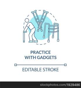 Practice with gadgets blue concept icon. Assistive devices for walking aid. Rehab euipment. Physiotherapy abstract idea thin line illustration. Vector isolated outline color drawing. Editable stroke. Practice with gadgets blue concept icon