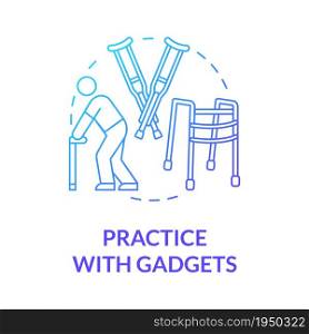 Practice with gadgets graident blue concept icon. Assistive devices for walking aid. Rehab euipment. Physiotherapy abstract idea thin line illustration. Vector isolated outline color drawing. Practice with gadgets graident blue concept icon