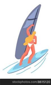 Practicing woman on board with sail learning how to balance. Isolated female character with windsurfing or sailboarding hobby. Summer activities and recreation in hot season. Vector in flat style. Sailboarding or windsurfing, practicing woman