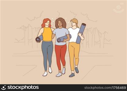 Practicing yoga, active healthy lifestyle concept. Three young smiling girls friends with yoga mats walking along street to lesson or practice feeling happy vector illustration . Practicing yoga, active healthy lifestyle concept