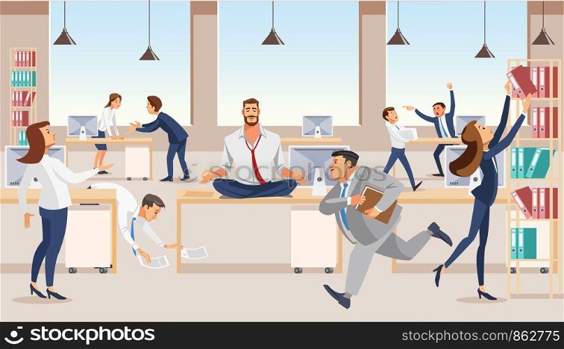 Practicing Yoga at Workplace Flat Vector Concept with Businessman or Company Employee Meditating, Sitting in Lotus Pose on Desk in Middle of Noisy Office with Busy and Hurrying Colleagues Illustration