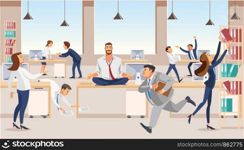 Practicing Yoga at Workplace Flat Vector Concept with Businessman or Company Employee Meditating, Sitting in Lotus Pose on Desk in Middle of Noisy Office with Busy and Hurrying Colleagues Illustration