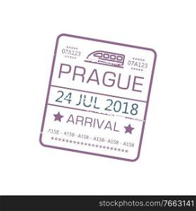 Prague arrival st&to railway station isolated grunge sign with train and date. Vector grunge immigration sign to Czech Republic, border control symbol. International visa with date and train. Arrival visa st&to Prague on train isolated