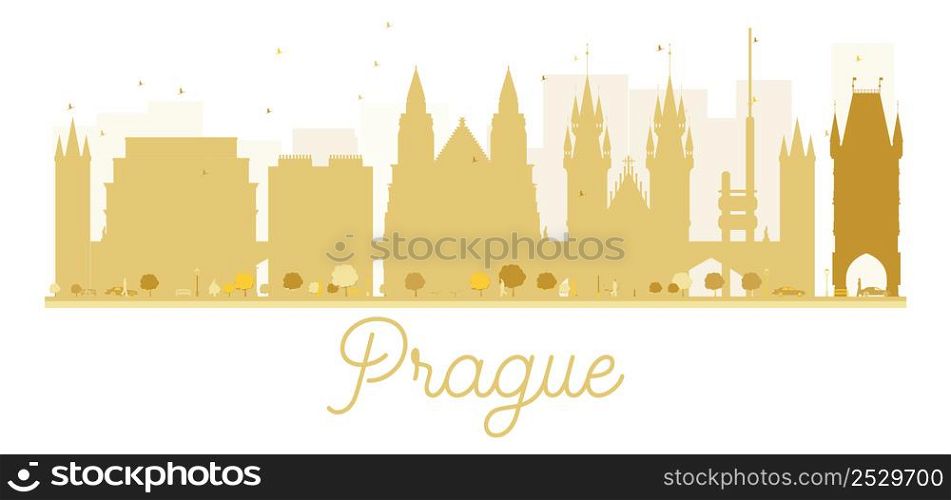 Prague City skyline golden silhouette. Vector illustration. Simple flat concept for tourism presentation, banner, placard or web site. Business travel concept. Cityscape with landmarks