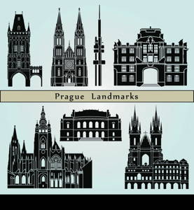 Prague landmarks and monuments isolated on blue background in editable vector file