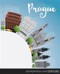 Prague skyline with grey landmarks, blue sky and copy space. Vector illustration. Business and tourism concept with old buildings. Image for presentation, banner, placard or web site