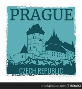 Prague travel poster vector design with castle silhouette. Prague city landmark, tourism europe, architecture town czech illustration. Prague travel poster vector design with castle silhouette