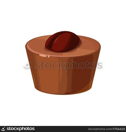 Praline confection isolated sweet food snack with brown coffee bean. Vector milk and dark chocolate confection, sweet holiday dessert, confectionery shop emblem. Choco treat with cocoa cream. Chocolate candy with cocoa cream isolated dessert