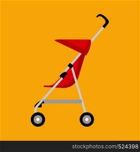 Pram child red carriage vector icon side view. Baby childhood buggy stroller. Toddler wheel flat transportation mom